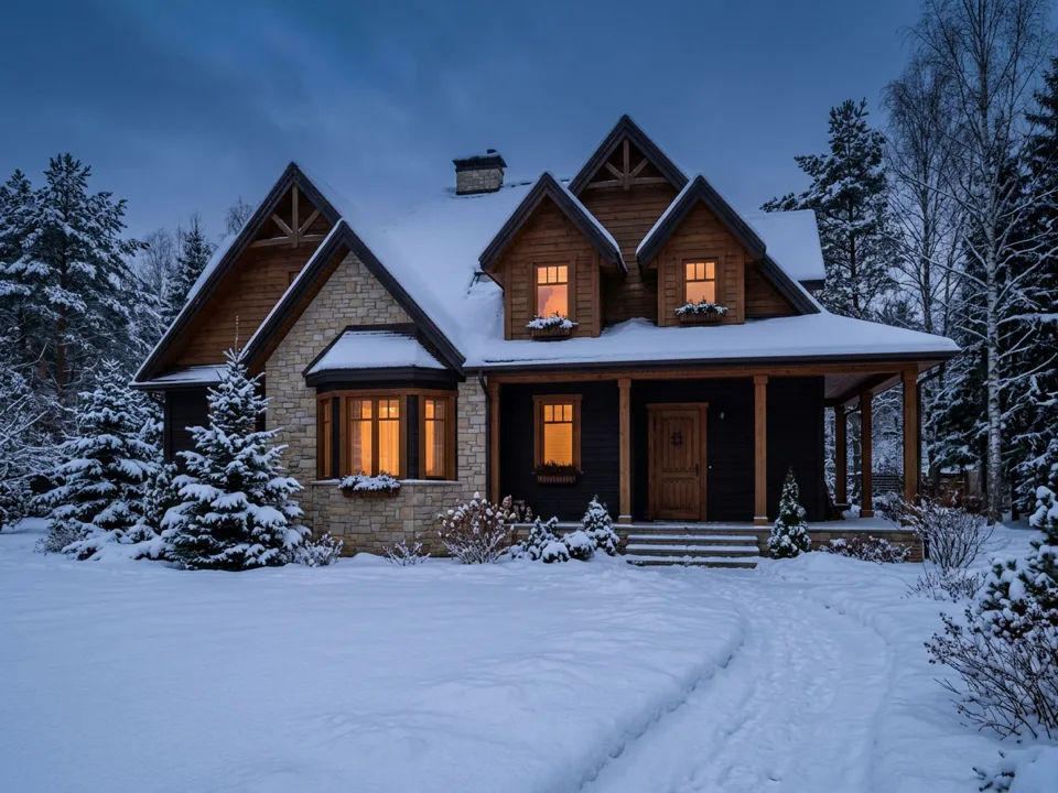 Dom pod miastem zimowym wieczorem bez świątecznej iluminacji